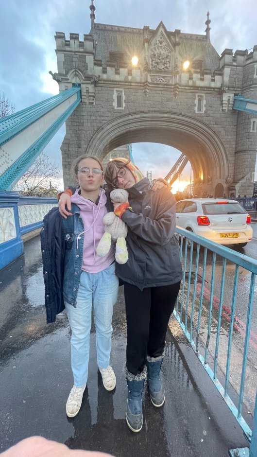 The sisters on Tower Bridge at the end of a tiring day